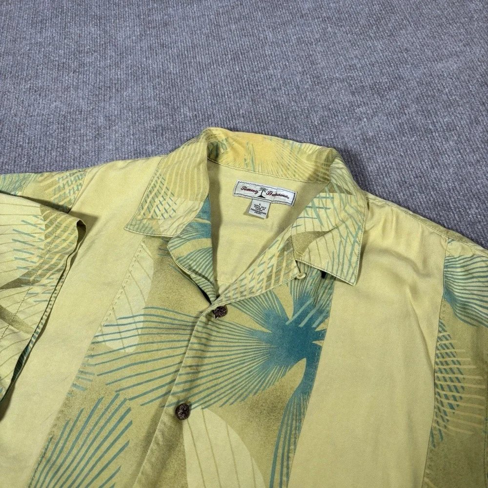 Tommy Bahama Shirt Mens L Yellow‎ 100% Silk Tropical Palm Floral Camp Hawaiian